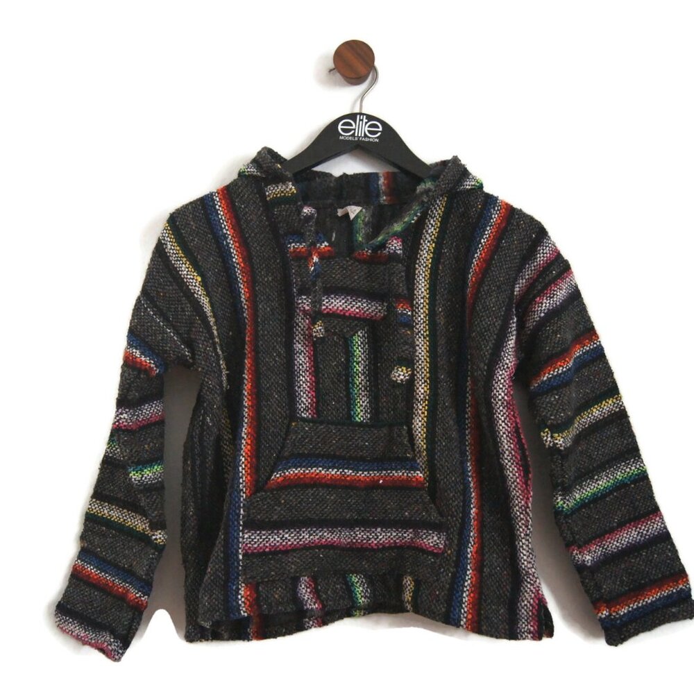 Vintage 1990s Kids Art-Maz Hooded Pullover Striped Knit Poncho Blanket Hoodie -